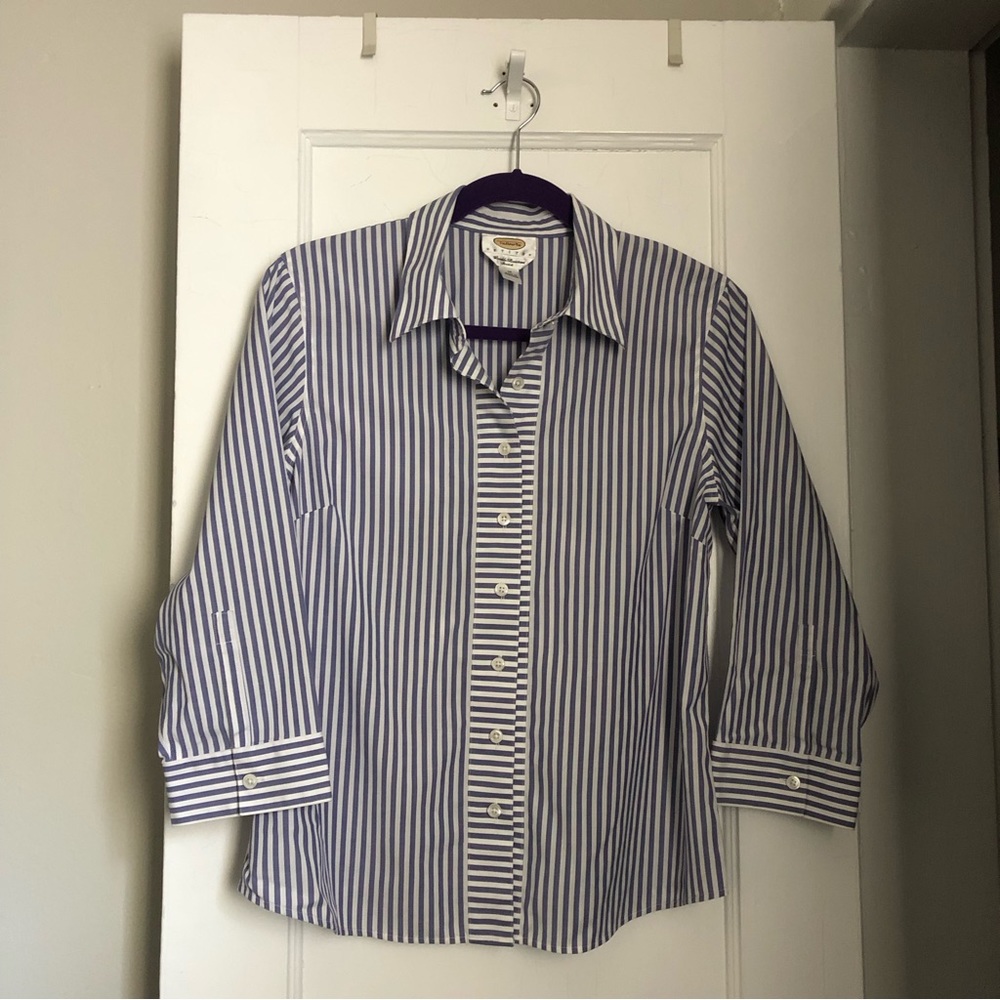 Talbots Wrinkle Resistant Stretch Striped Buttondown Shirt Navy White NWOT 10p - Picture 2 of 6